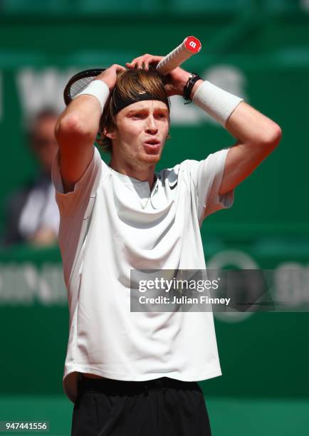 Andrey Rublev of Russia reacts during his Mens Singles match against Dominic Thiem of Austria at Monte-Carlo Sporting Club on April 17, 2018 in...