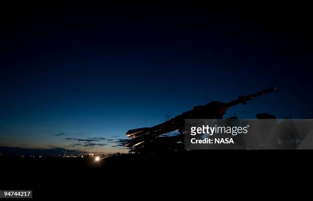 The Soyuz TMA-17 spacecraft is rolled out by train to the launch pad at the Baikonur Cosmodrome on december 18, 2009 in Baikonur, Kazakhstan. The...