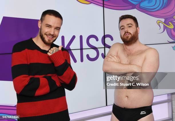 Liam Payne poses with Tom Green at the Kiss FM Studio's on April 17, 2018 in London, England.