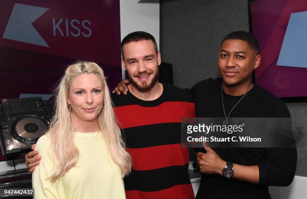 Liam Payne poses with Rickie Haywood Williams and Charlie Hedges at the Kiss FM Studio's on April 17, 2018 in London, England.