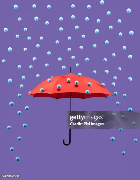 symbolic rain drops falling on red umbrella - umberella stock pictures, royalty-free photos & images