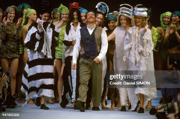 Issy Miyake And Top Models At Ready To Wear Fall Winter 1993 1994 Show, Paris, March 1993.