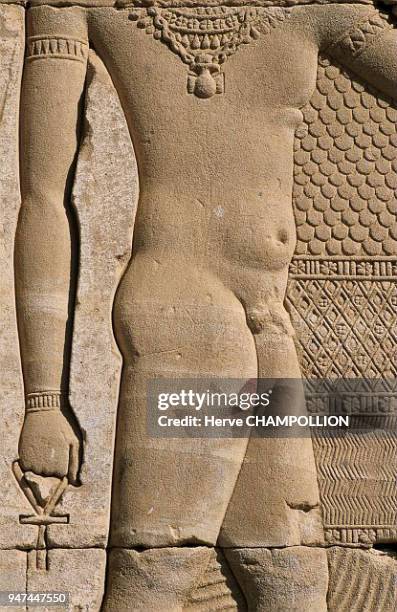 Roman mammisi at the temple of Hathor in Dendara. Egyptian art fell into decadence during this period. The body of this child god is an example of...