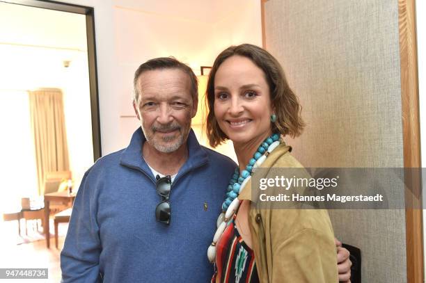 Michael Roll and Lara-Joy Koerner attend the celebration of the first Weltmatratzenwendetag at Hotel Louis on April 17, 2018 in Munich, Germany.