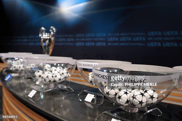 The bowls containing the clubs' names are pictured during the draw for the UEFA Champions League 2009/2010, on December 2009 18, 2009 in Nyon,...