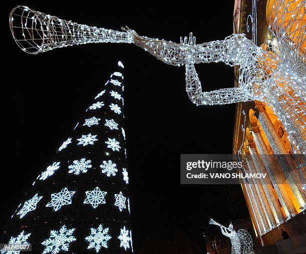 Christmas tree and New Year illumination are seen near the Georgian Parliament building in the center of Tbilisi on December 10, 2009. AFP PHOTO /...
