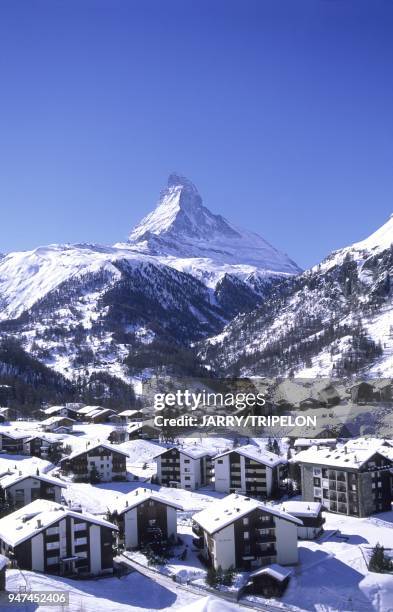 Le village avec le Cervin ou Matterhorn 4478 m en arriere plan, Zermatt, canton du Valais, Suisse The village with the Matterhorn or Cervino 4478 m...