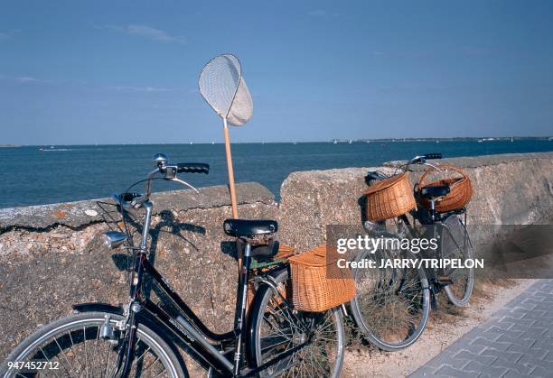 Ile de Ré, digue de protection vers Loix, vélos équipés pour partir à la pêche à pied Charente-Maritime: Ile de Ré, digue de protection vers Loix,...