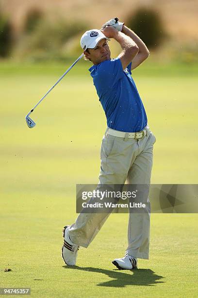 Richard Sterne of England plays his second shot into the 18th green during the second round of the South African Open Championship at Pearl Valley...