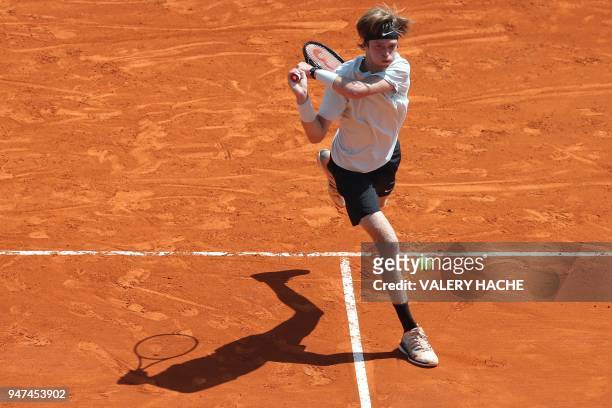 Russia's Andrey Rublev returns the ball to Austria's Dominic Thiem during their tennis match as part of the Monte-Carlo ATP Masters Series...