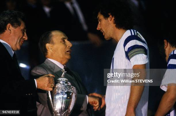 President Mitterrand And Player Laurent Blanc After The Victory Of Montpellier Against Racing Paris During Football Coupe De France Final, June 2,...