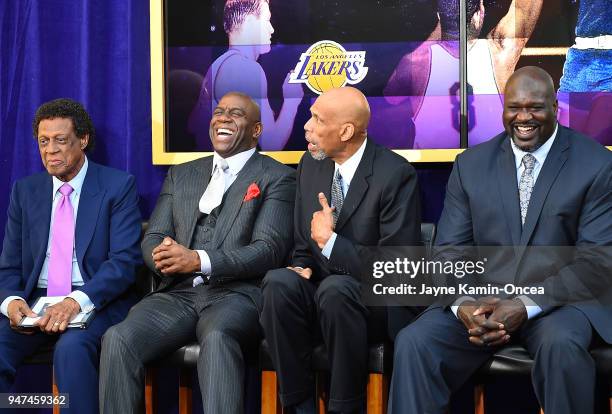 Los Angeles Lakers legends Ervin Magic Johnson, Kareem Abdul-Jabbar and Shaquille O'Neal share a laugh with Hall of Famer Elgin Baylor, L, during the...