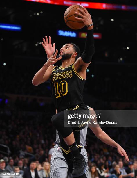 Tyler Ennis of the Los Angeles Lakers drives to the basket during the game against the Minnesota Timberwolves at Staples Center on April 6, 2018 in...