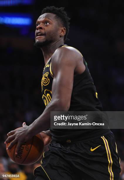 Julis Randall of the Los Angeles Lakers drives to the basket during the game against the Minnesota Timberwolves at Staples Center on April 6, 2018 in...
