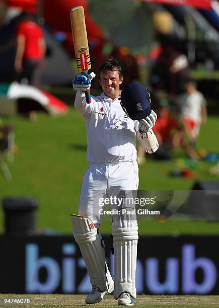 Graeme Swann of England celebrates making a half-century during day three of the first test match between South Africa and England at Centurion Park...