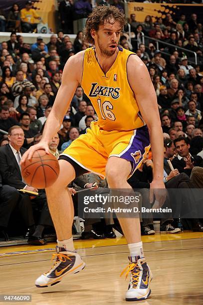 Pau Gasol of the Los Angeles Lakers drives the ball to the basket during the game against the Utah Jazz on December 9, 2009 at Staples Center in Los...