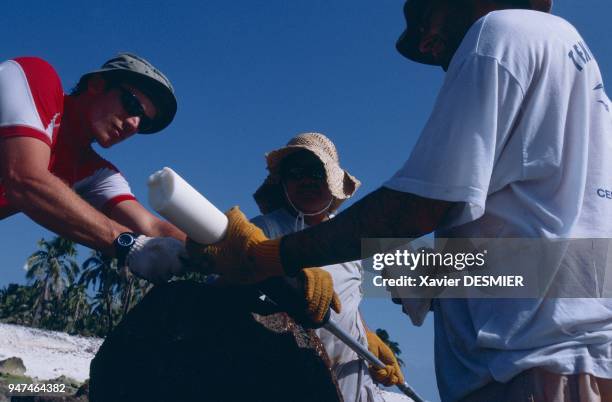 Clipperton atoll. The Noumea DRI team of palaeclimatologists, one of them Thierry Courr?ge, taking a sample of coral in order to study the climatic...