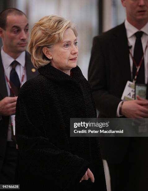 Secretary of State Hillary Clinton leaves the Bella Centre where the UN Climate Change Conference is being held on December 18, 2009 in Copenhagen,...