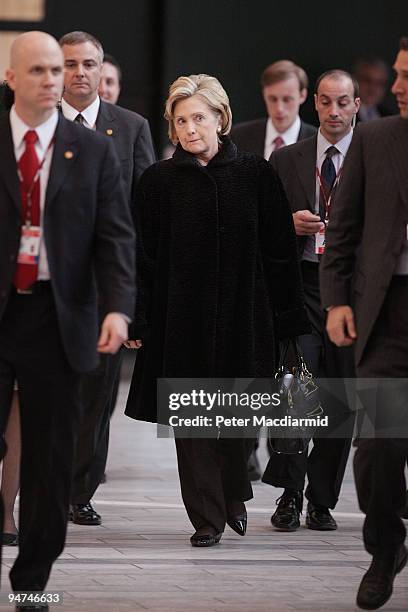 Secretary of State Hillary Clinton leaves the Bella Centre where the UN Climate Change Conference is being held on December 18, 2009 in Copenhagen,...