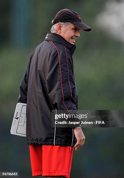 Head coach Alejandro Sabella of Estudiantes smiles during a training session on December 18, 2009 in Abu Dhabi, United Arab Emirates. Estudiantes...