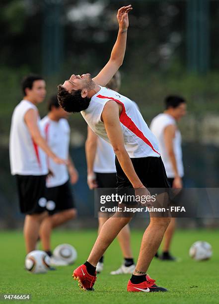 Leandro Benitez of Estudiantes reacts during a training session on December 18, 2009 in Abu Dhabi, United Arab Emirates. Estudiantes will face...