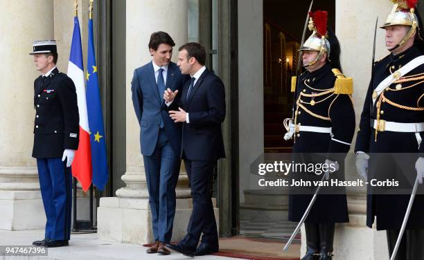 President Emmanuel Macron of France receives the Canadian Prime Minister Justin Trudeau at the Elysee Palace on April 16, 2018 in Paris, France.