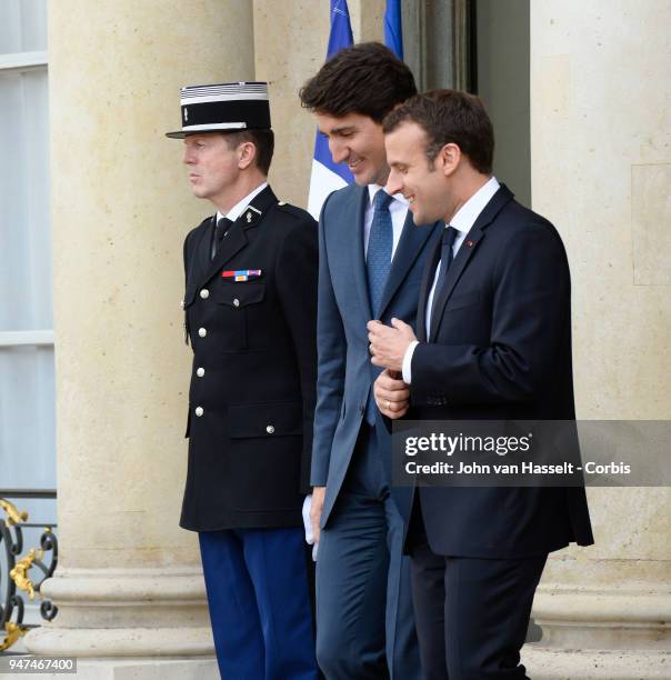 President Emmanuel Macron of France receives the Canadian Prime Minister Justin Trudeau at the Elysee Palace on April 16, 2018 in Paris, France.