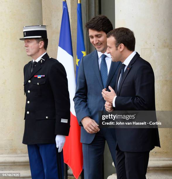 President Emmanuel Macron of France receives the Canadian Prime Minister Justin Trudeau at the Elysee Palace on April 16, 2018 in Paris, France.