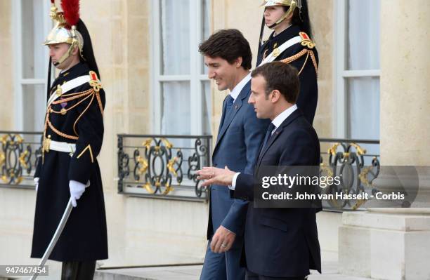 President Emmanuel Macron of France receives the Canadian Prime Minister Justin Trudeau at the Elysee Palace on April 16, 2018 in Paris, France.