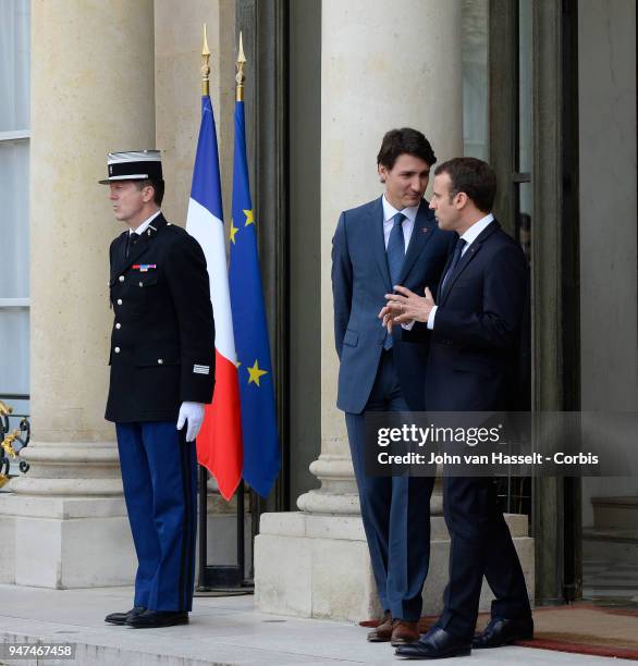 President Emmanuel Macron of France receives the Canadian Prime Minister Justin Trudeau at the Elysee Palace on April 16, 2018 in Paris, France.
