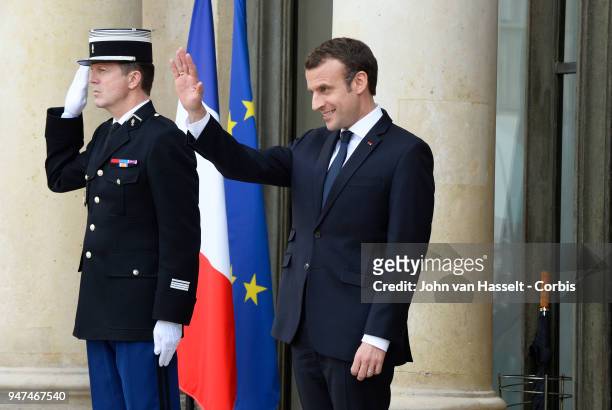 President Emmanuel Macron of France receives the Canadian Prime Minister Justin Trudeau at the Elysee Palace on April 16, 2018 in Paris, France.