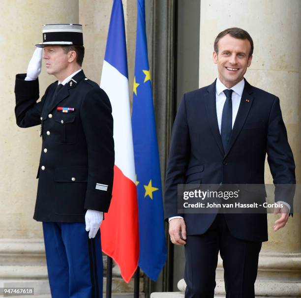 President Emmanuel Macron of France receives the Canadian Prime Minister Justin Trudeau at the Elysee Palace on April 16, 2018 in Paris, France.