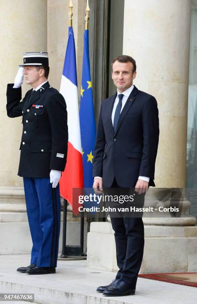 President Emmanuel Macron of France receives the Canadian Prime Minister Justin Trudeau at the Elysee Palace on April 16, 2018 in Paris, France.