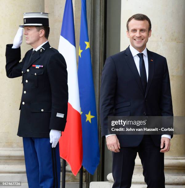 President Emmanuel Macron of France receives the Canadian Prime Minister Justin Trudeau at the Elysee Palace on April 16, 2018 in Paris, France.