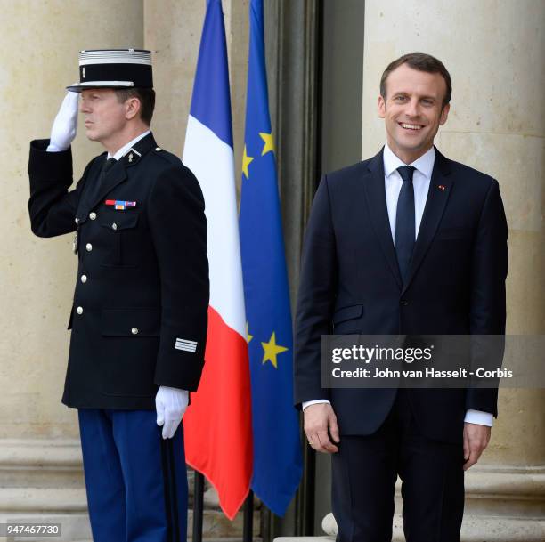 President Emmanuel Macron of France receives the Canadian Prime Minister Justin Trudeau at the Elysee Palace on April 16, 2018 in Paris, France.