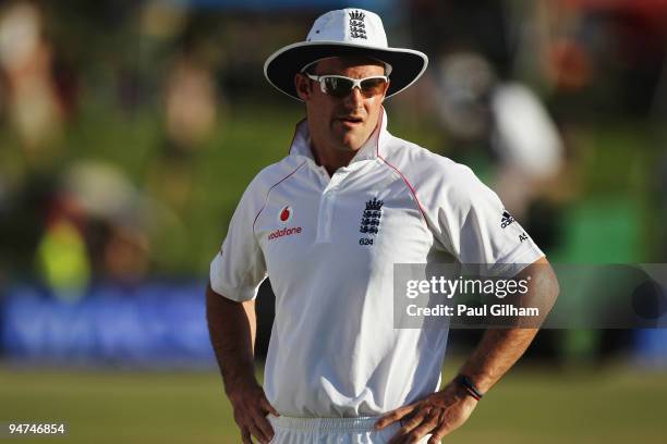 England captain Andrew Strauss looks on during day three of the first test match between South Africa and England at Centurion Park on December 18,...