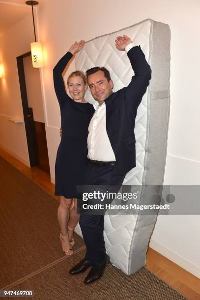Andrea Muehlbauer and her husband Falk Raudies attend the celebration of the first Weltmatratzenwendetag at Hotel Louis on April 17, 2018 in Munich,...