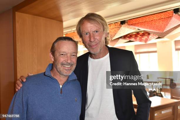 Michael Roll and Carlo Thraenhardt attend the celebration of the first Weltmatratzenwendetag at Hotel Louis on April 17, 2018 in Munich, Germany.