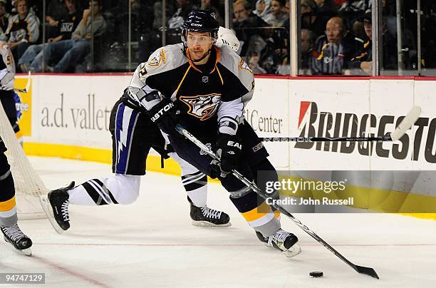 Alexander Sulzer of the Nashville Predators skates against the Tampa Bay Lightning on December 15, 2009 at the Nashville Arena in Nashville,...