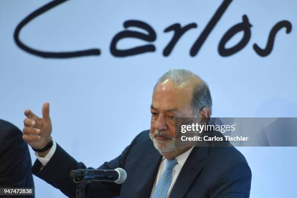 Businessman Carlos Slim speaks during a press conference to announce the construction of the New International Airport of Mexico City at Grupo...