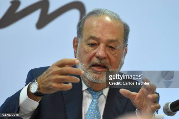 Businessman Carlos Slim speaks during a press conference to announce the construction of the New International Airport of Mexico City at Grupo...