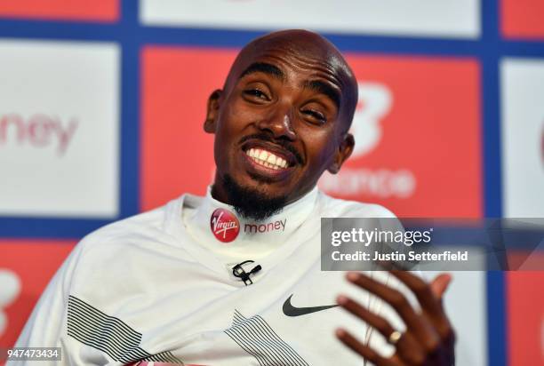 Mo Farah of Great Britain talks to the media during a press conference prior to the weekends Virgin Money London Marathon on April 17, 2018 in...