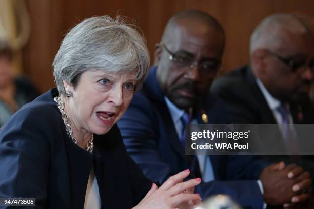 Britain's Prime Minister Theresa May hosts a meeting with leaders and representatives of Caribbean countries at 10 Downing Street on April 17, 2017...