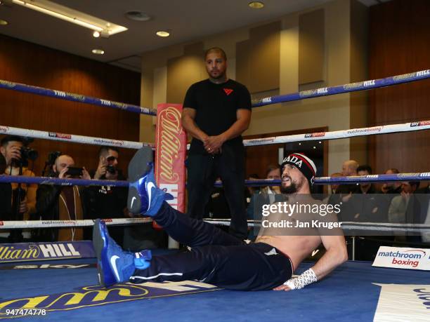 Phil Lo Greco of Canada stretches in the ring during a Meida Work Out and Press Conference at the Hilton Hotel on April 17, 2018 in Liverpool,...