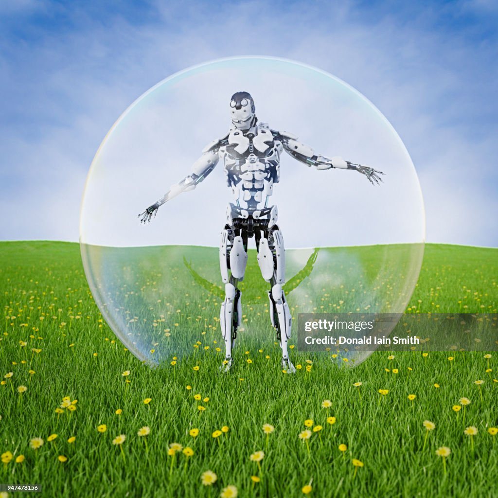 Robot standing inside transparent sphere in meadow with flowers