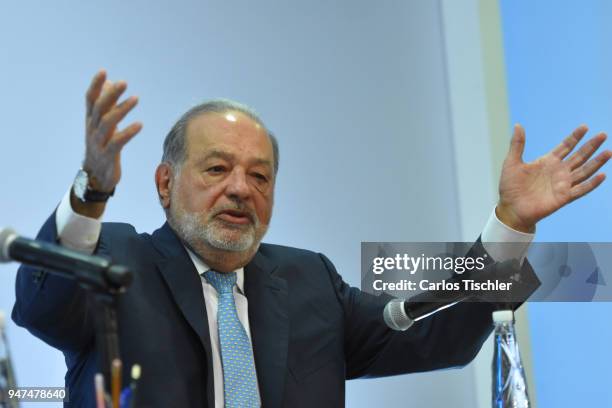 Businessman Carlos Slim speaks during a press conference to announce the construction of the New International Airport of Mexico City at Grupo...