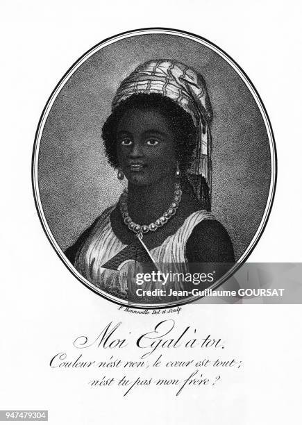 Portrait d'une femme noire accompagné d'un poème revendiquant l'abolisation de l'esclavage pendant la Révolution française.