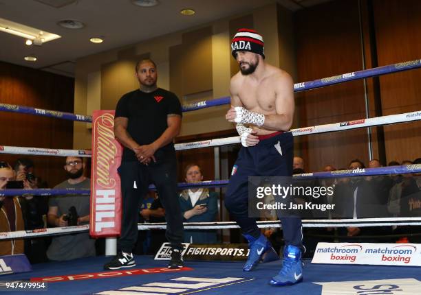 Phil Lo Greco of Canada shadow boxes in the ring during a Meida Work Out and Press Conference at the Hilton Hotel on April 17, 2018 in Liverpool,...