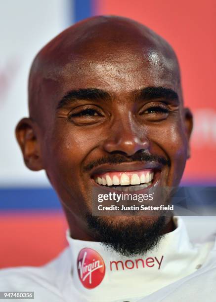 Mo Farah of Great Britain talks to the media during a press conference prior to the weekends Virgin Money London Marathon on April 17, 2018 in...