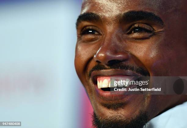 Mo Farah of Great Britain talks to the media during a press conference prior to the weekends Virgin Money London Marathon on April 17, 2018 in...